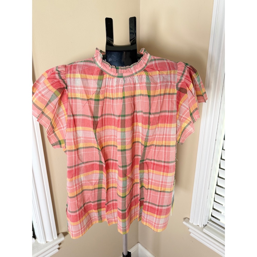 Birds of Paradis by Trovata Plaid Ruffle Neck Flutter Sleeve Blouse Pink Medium